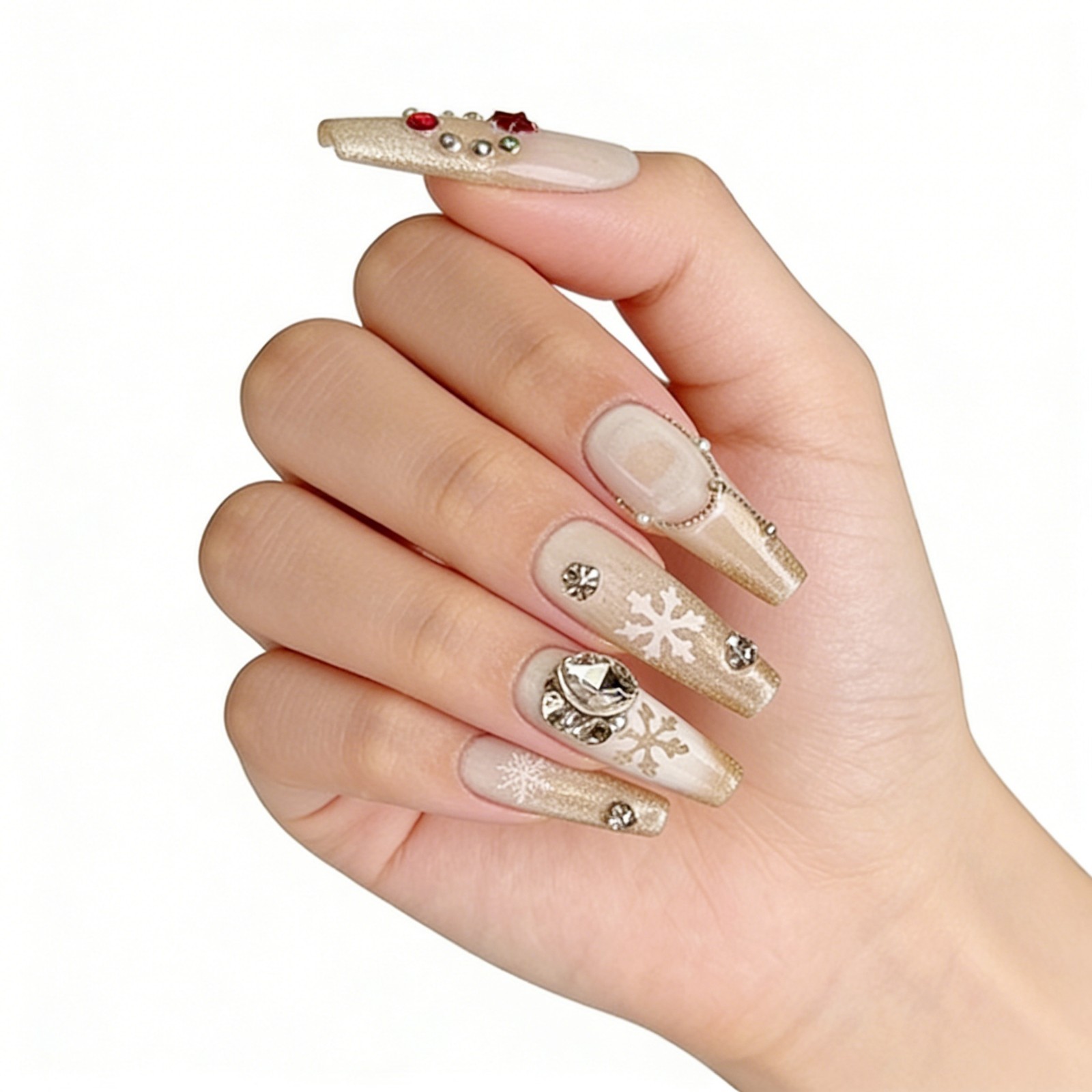 Christmas Glitter Press On Nails Long Coffin Gold Snowflake Rhinestone Set
