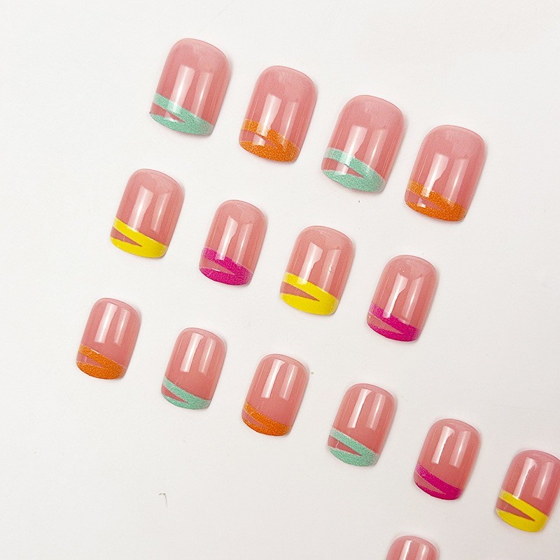 48pcs-Vibrant Matte Press on Nails with Neon French Tips and Modern Line Art