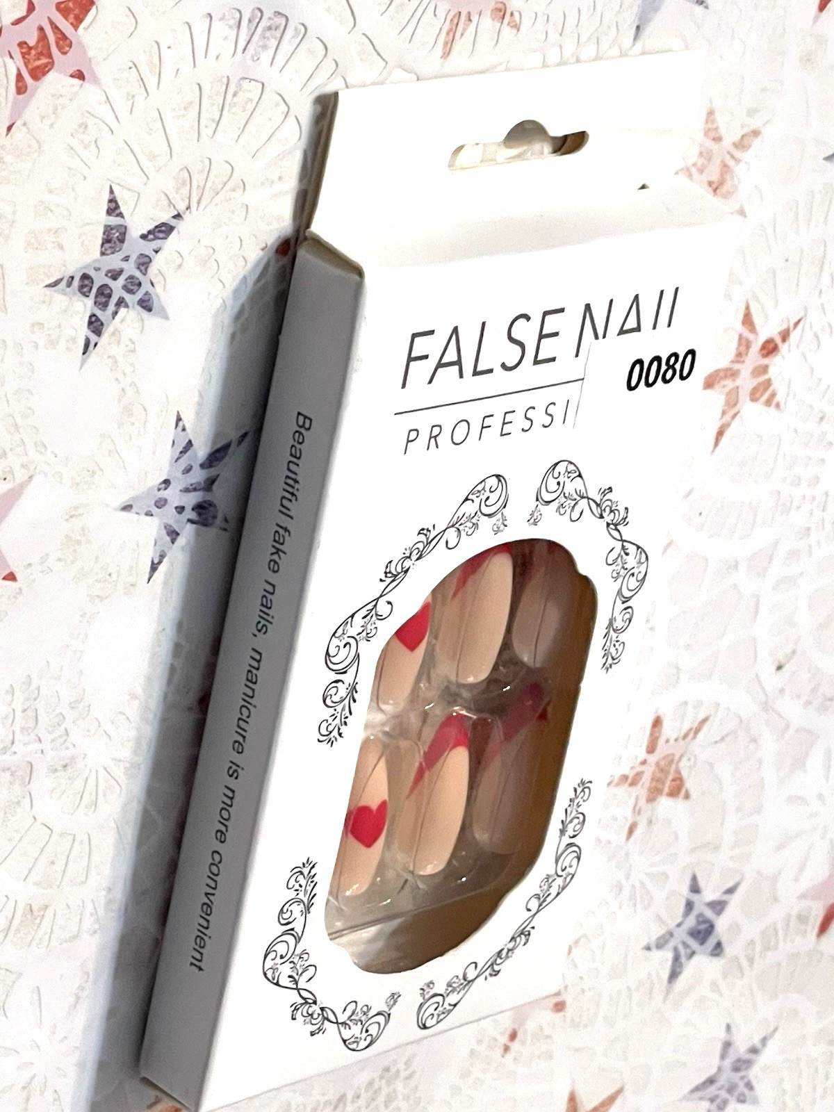 False Nail Professional NUDE with PINK RASPBERRY HEART DETAIL Press On Manicure