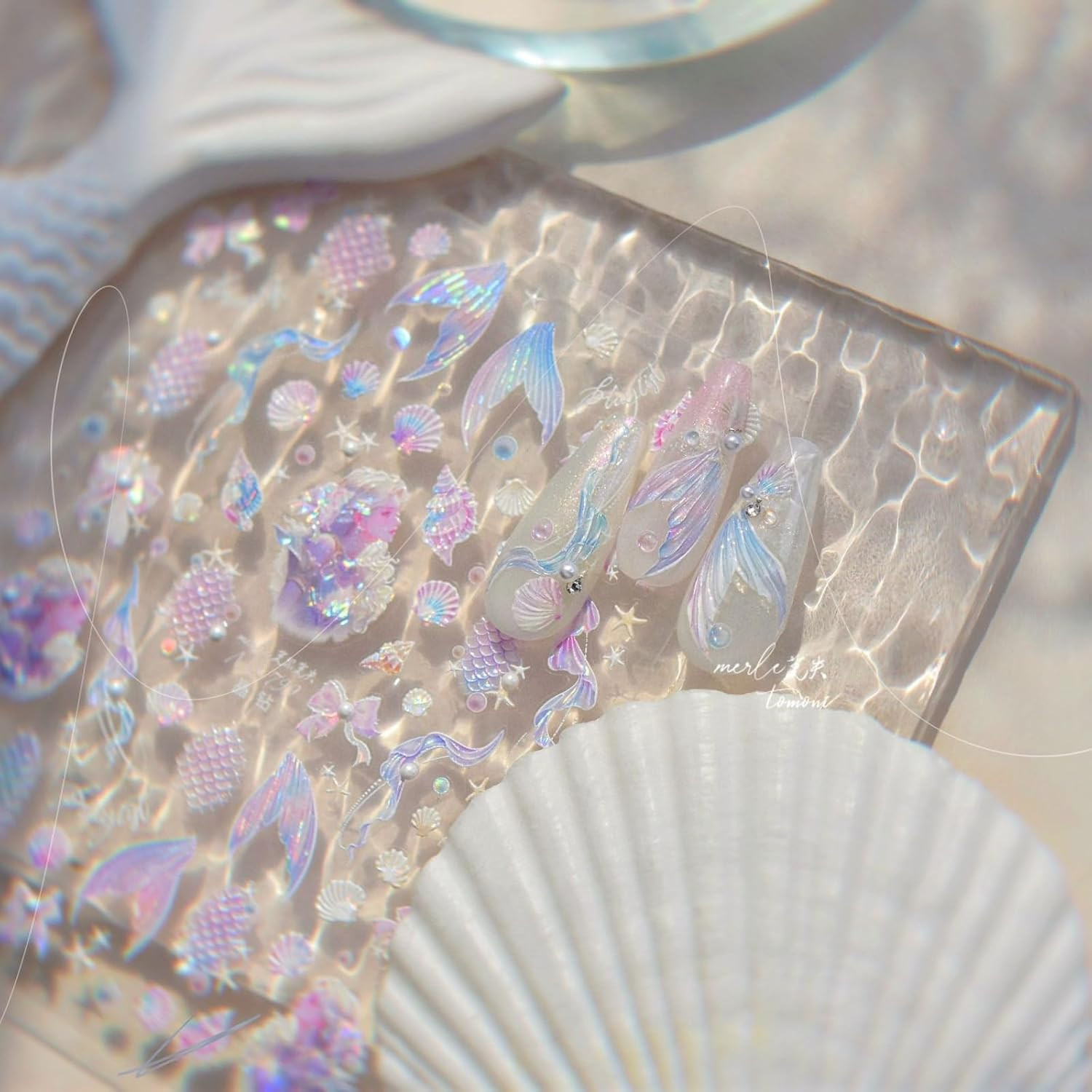 5D Mermaid Nail Stickers Holographic Shell Fish Tail Star Pearl Self Adhesive Em