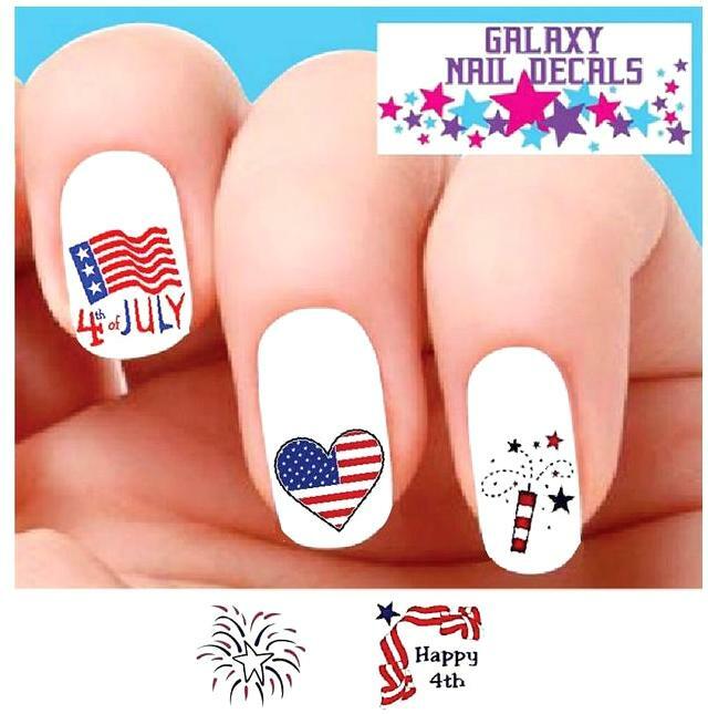 Waterslide Nail Decals – Set of 20 4th of July Flag, Heart & Fireworks Assorted