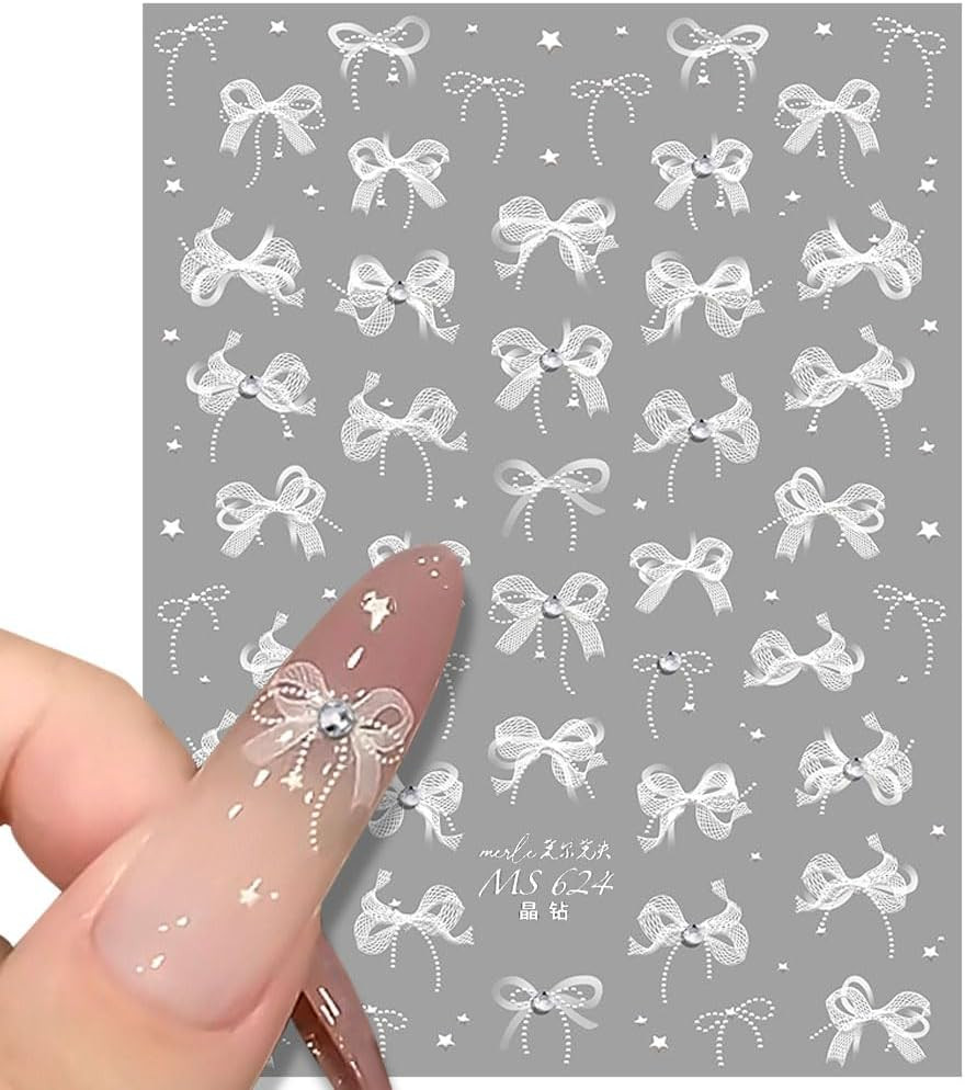 White Lace Bow Nail Stickers for Nail Art Supplies Cute Nail Bows Ribbon