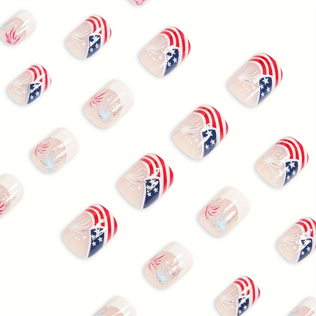 24pcs French Patriotic Press-On Nails Red White & Silvery Fireworks Design Gift