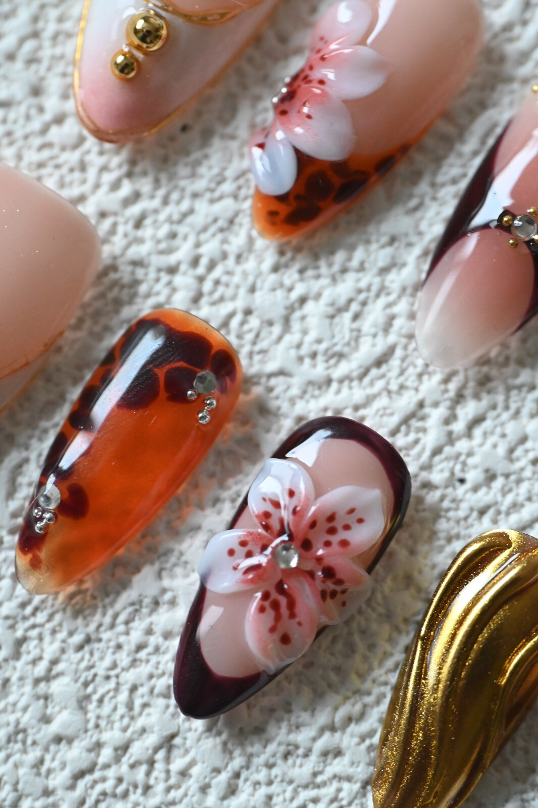 Goddess-Inspired 3D Floral & Tortoiseshell Press-On Nails – Luxe Almond Nails
