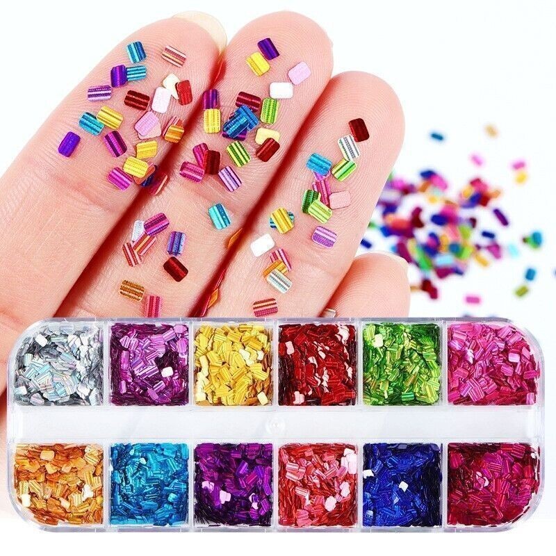 12 Grids Rectangle Nail sequins Glitter Flakes Slices False Nail Art Tips Decor