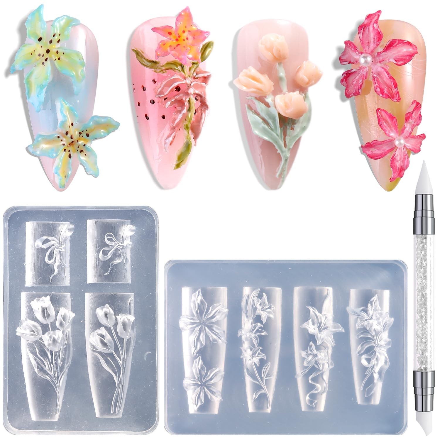 Silicone Nail Art Molds, 2PCS Reusable Clear 3D Flowers Nail Charm Molds with…