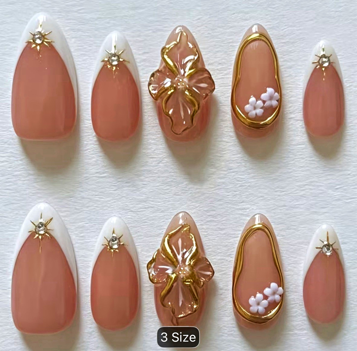 Nude, White, Gold French Press-On Nails Medium Almond Floral Full Cover Set