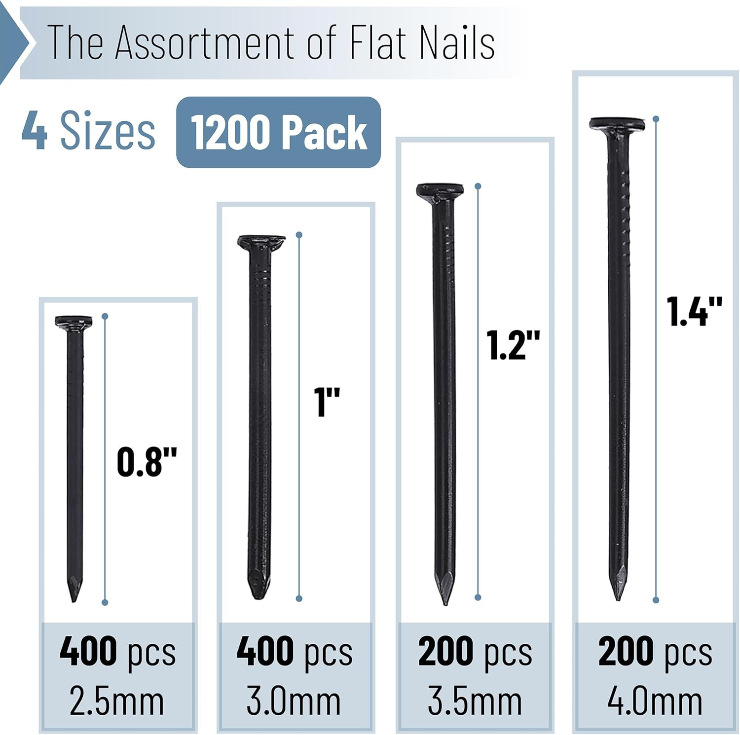 – Nail Assortment Kit, 1200 Pcs, 4 Sizes, Black, Small Nails for Hanging Picture