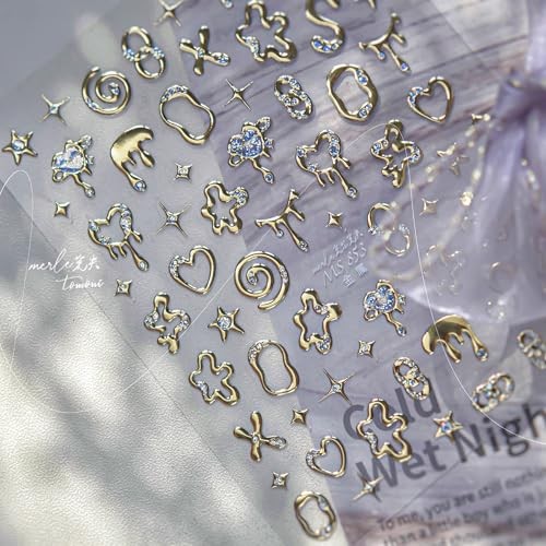 3D Nail Stickers for Nail Art, Embossed Self-Adhesive Cute Nail Irregular Gold