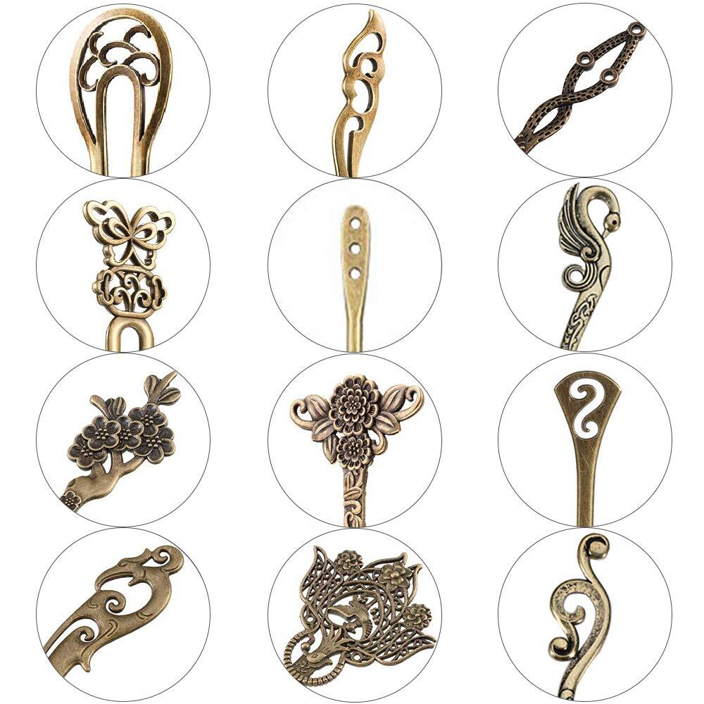12 Pieces Chinese Women Hair Sticks, AUHOKY 12 Styles Vintage 12Pcs,Bronze