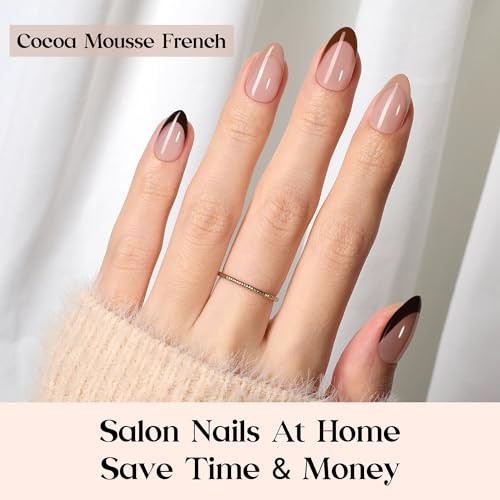 Beetles French Tip Press On Nails – Cocoa Mousse 1-S Almond-Cocoa Mousse French