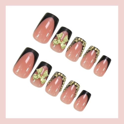 Bow Press on Nails Black French Tip Fake Nails Medium black french tip gold bow