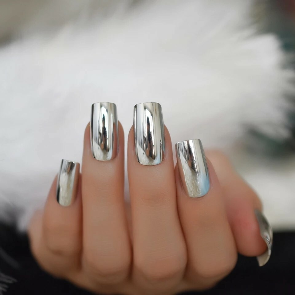 24 Silver Chrome Press On Nails Mirror metallic GLUE ON kit medium square
