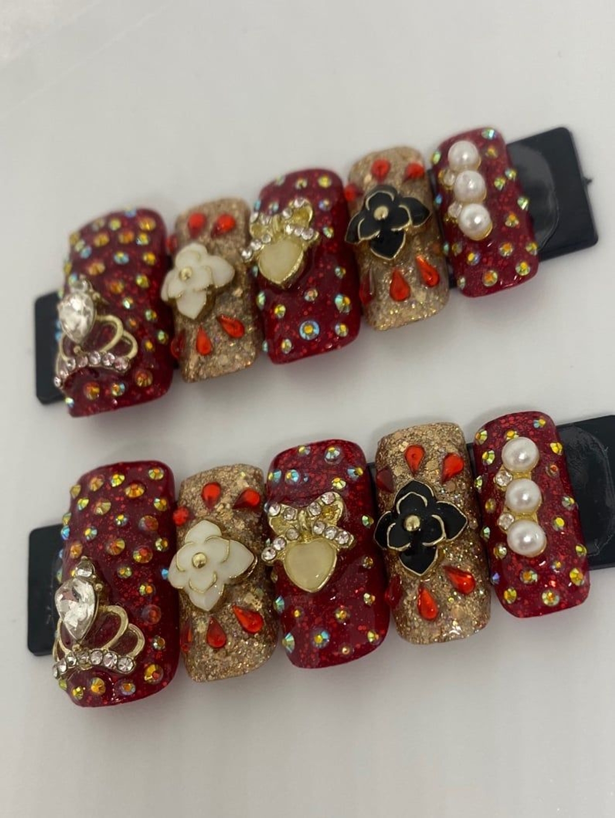 Red, Gold, Black, & White Square Press On Nail Set