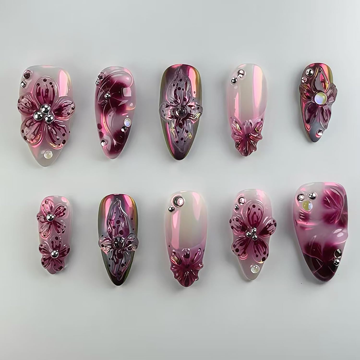 24Pcs Purple Press on Nails Medium Almond Fake Nails with Rhinestones Stick on N