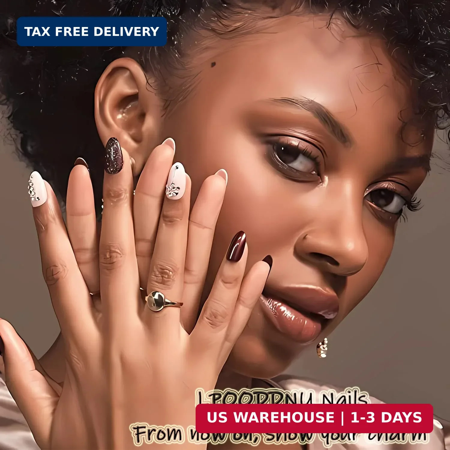 LPOODDNU Almond Press on Nails – Medium Black Fake Nails with Marble Designs, Gl