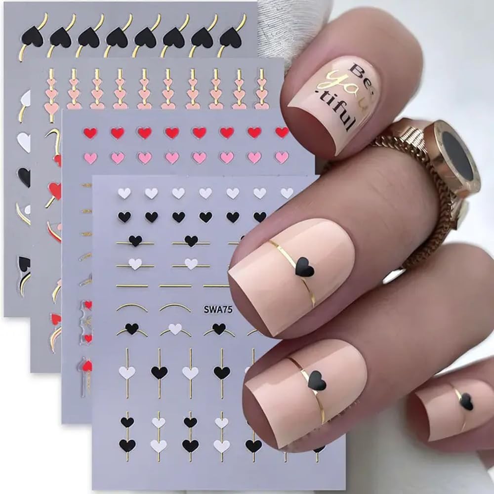 4Pcs Valentine’s Day Nail Art Stickers Hearts Nail Decals Glossy Metallic Gol…