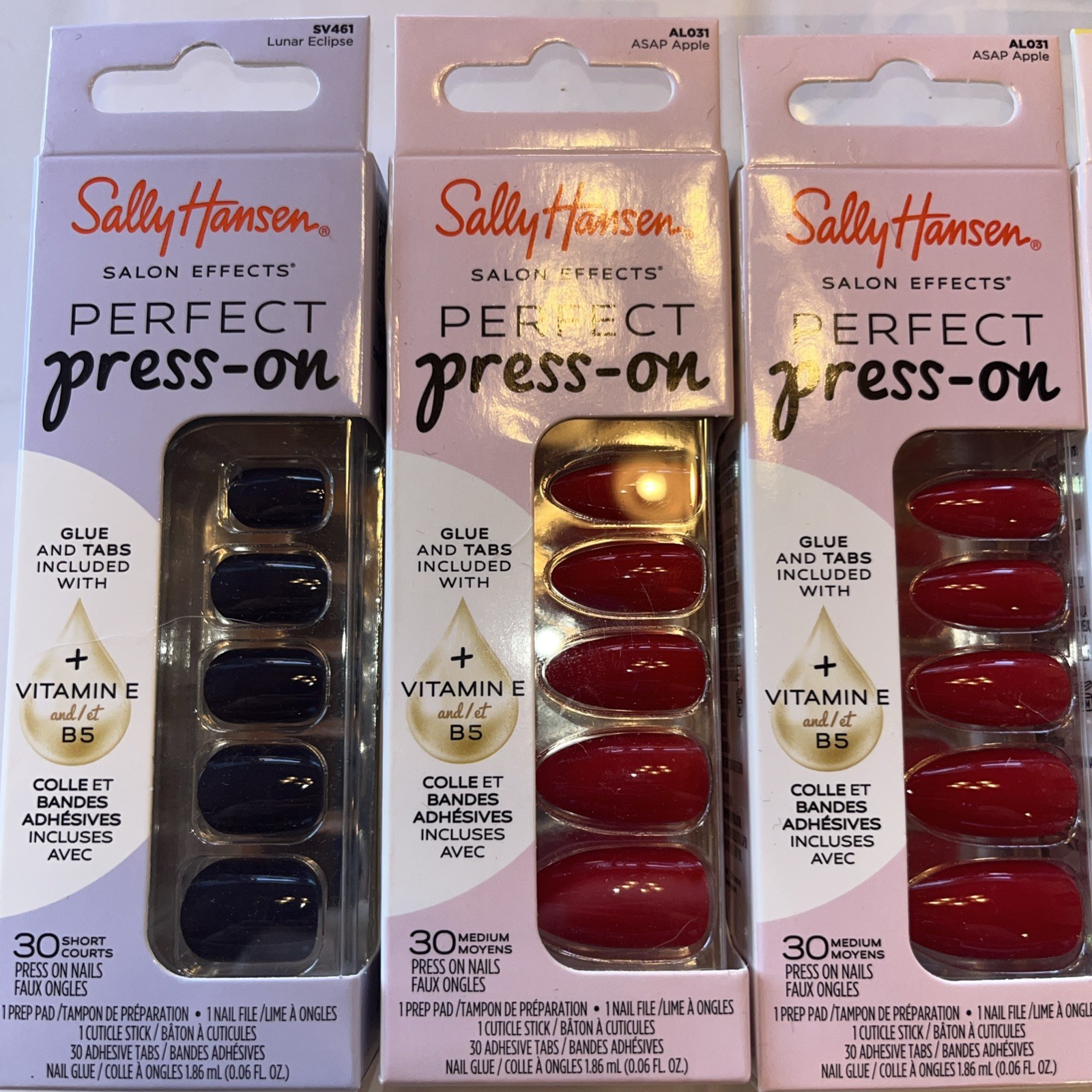 Lot Of (4) Sally Hansen Perfect Press-On Nails Red, Black, White E5