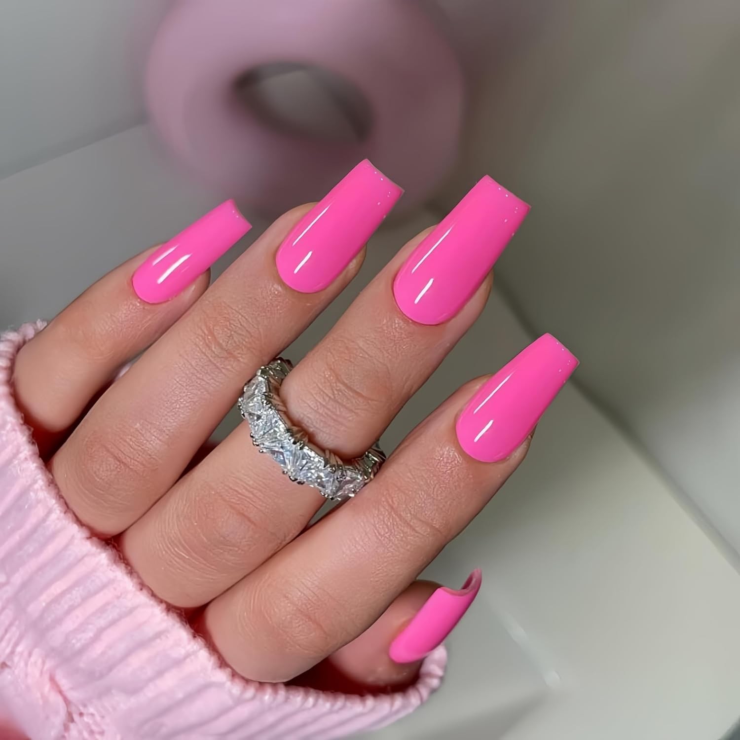 KQueenest Long Medium Press On Nails 0.04 Ounce (Pack of 24), glossy hot pink