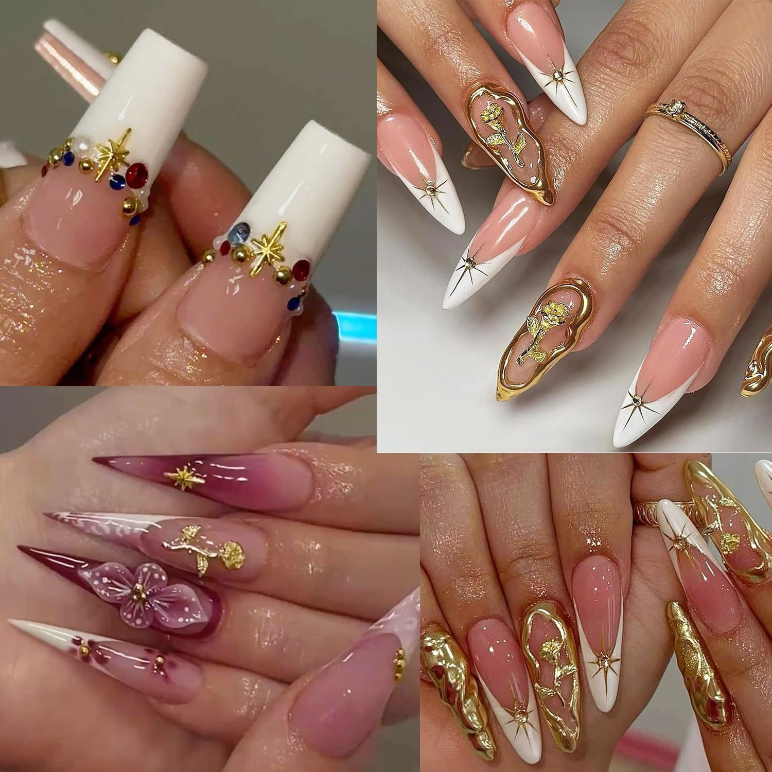 Star Nail Charms, 2 Boxes Gold Nail Charms Twinkle Stars Rose Flowers Cross Meta