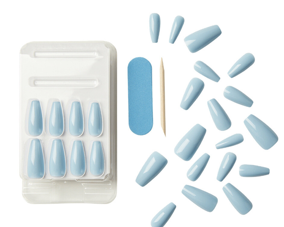 KISS Gel Fantasy Glossy Blue Gel Nails Long Coffin Glue-On Nails SCULPTED 86679