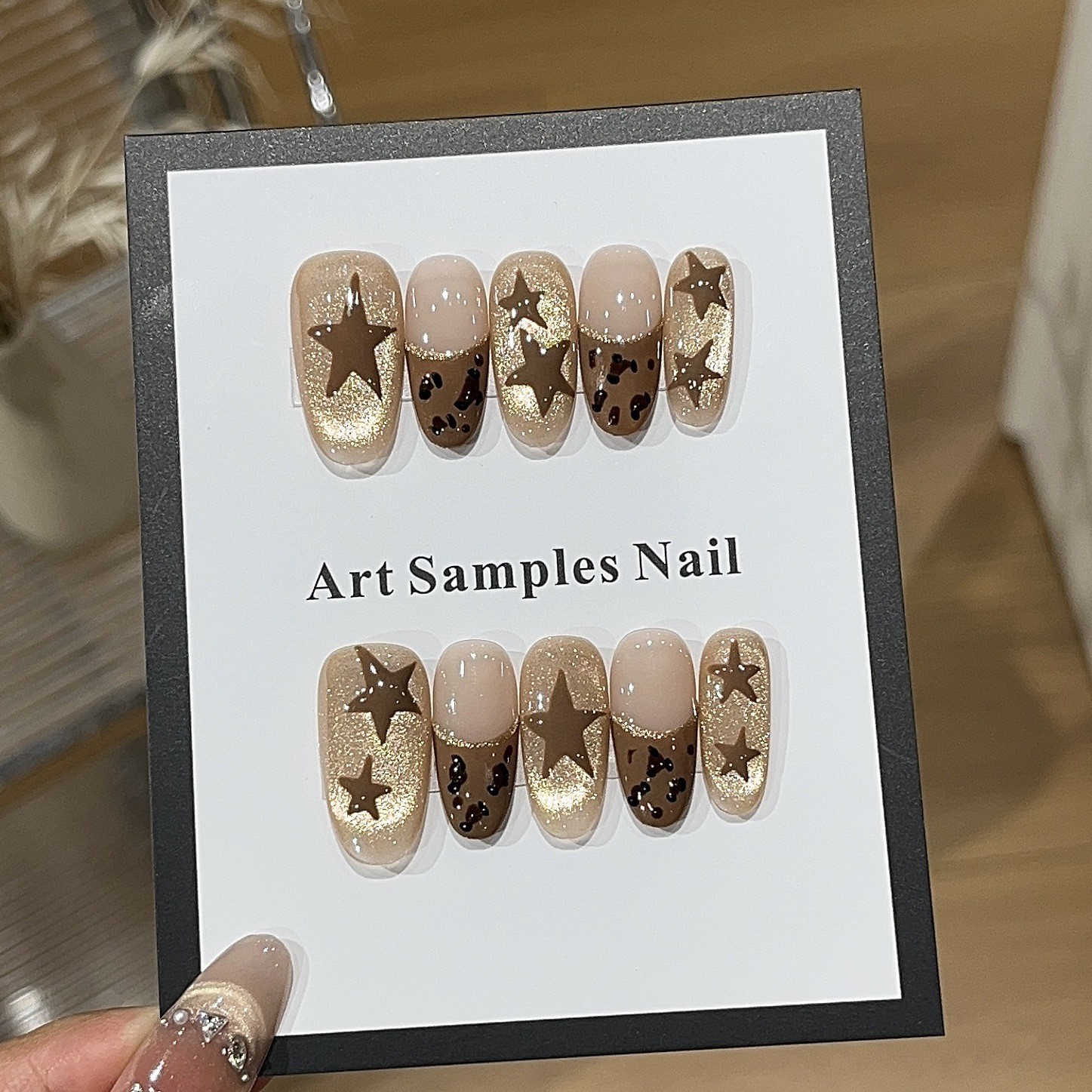 10Pcs Handmade Brown Leopard Medium Oval Nails Bead Cat Eye Autumn Winter Style