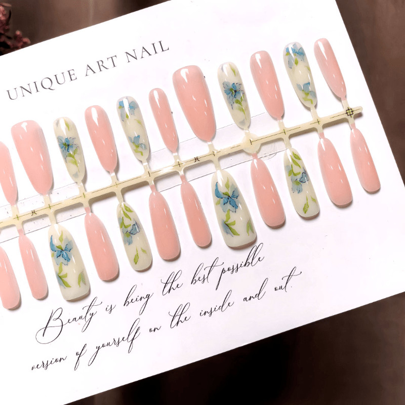 60pcs Almond Press on Nails, Nude Clear Watercolor Blue Floral Elegant Nails