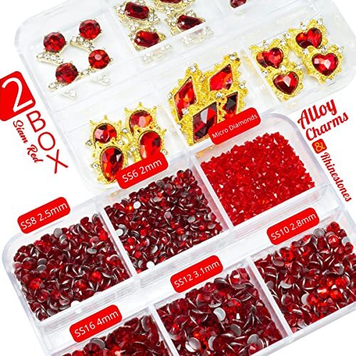 24pcs Red Luxury Nail Charms +2000pcs Ruby 2 Box Luxury Style Nail Charms – Red