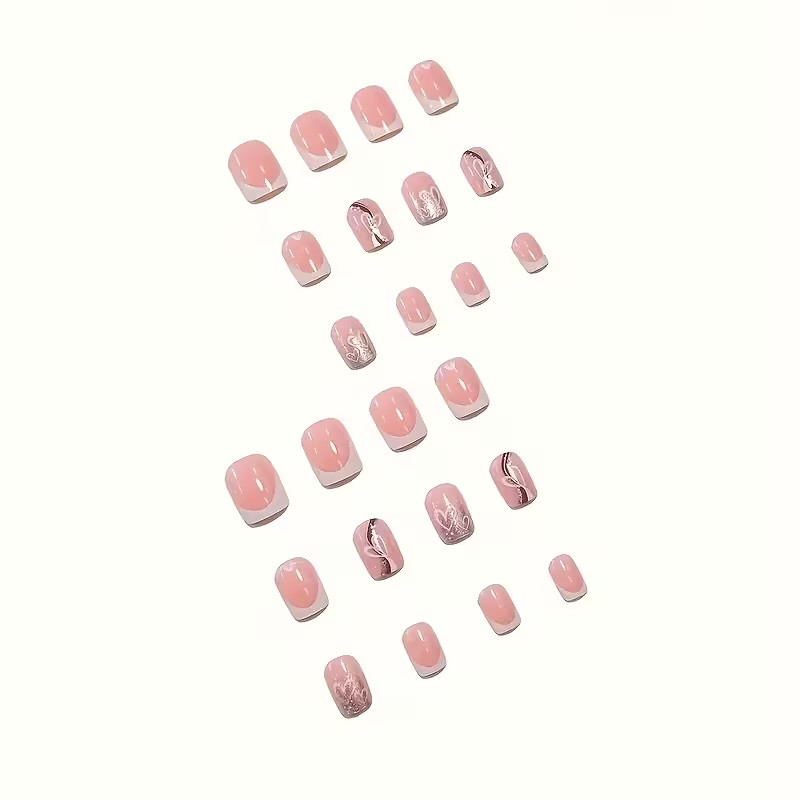 24pcs Short, Square, Press-On Nails, White French, Heart-Shaped Glossy, Everyday