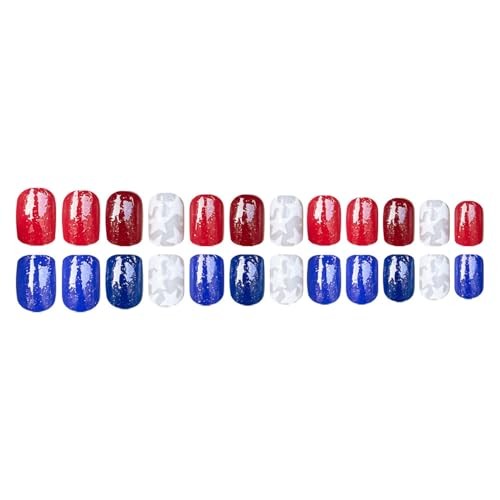 Red 4th of July Press on Nails – Short Square Fake Nails – Red – Blue