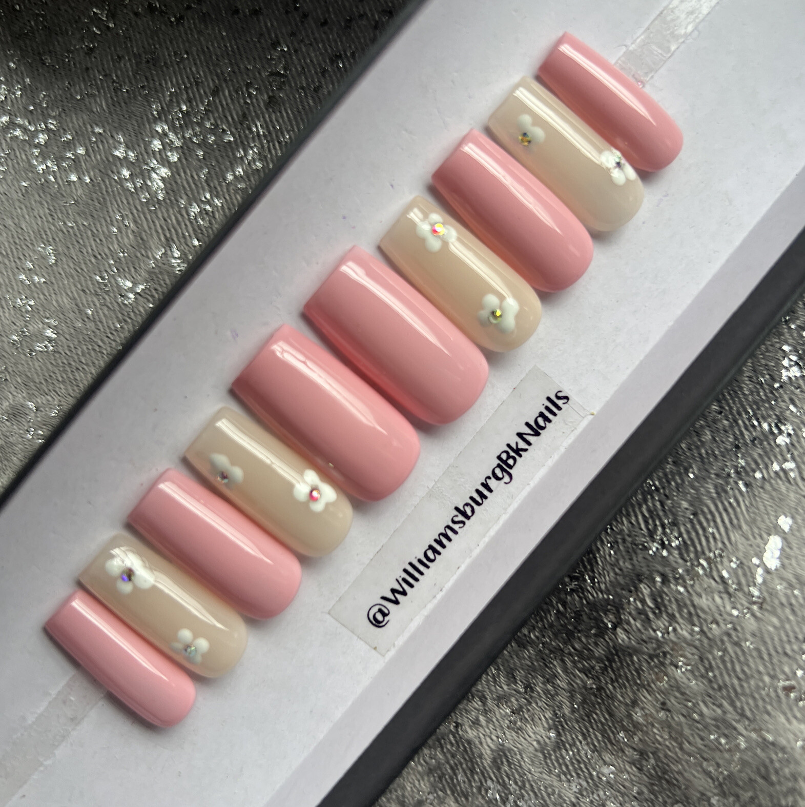 🔥CUSTOM Gel Press On False Nails, PINK W FLOWERS BLING, NEW 10p Set Med Square