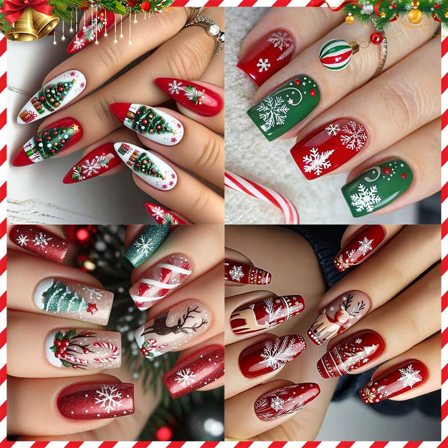 96pcs Christmas Press-on Nails Reindeer Tree Candy Cane Holiday Party Nails