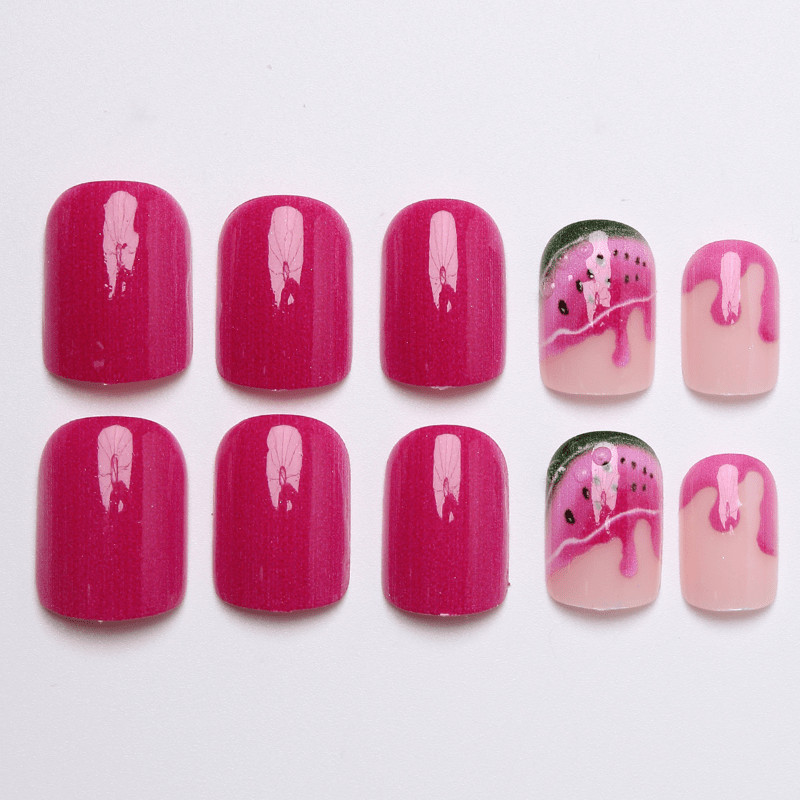 48Pcs-Summer Square False Nails Hot Pink Drip Watermelon Glossy Press on Nails