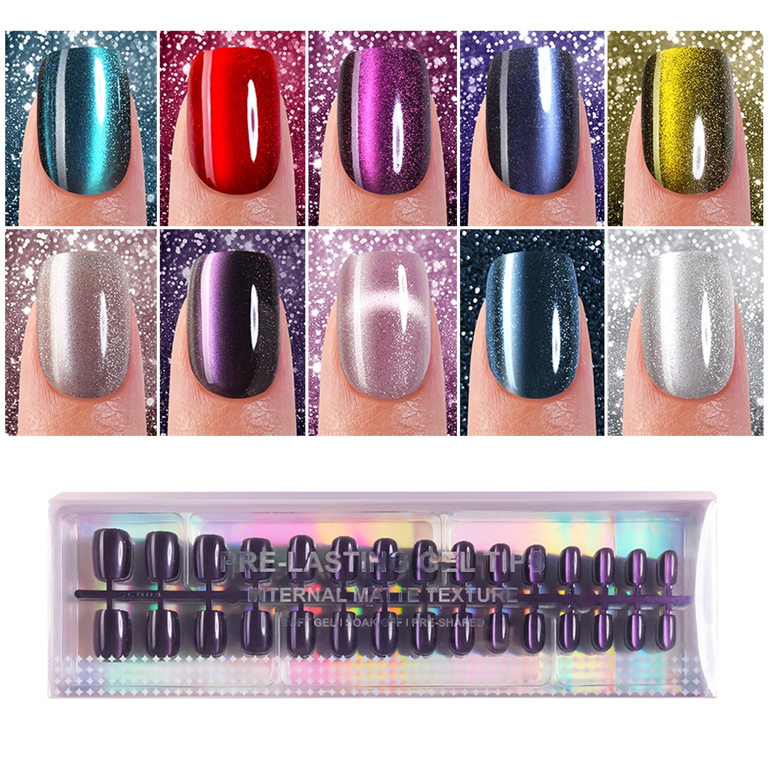 300Pcs Cat Eye Press on Nails Short Square, Plauva Soft Gel Fake Multicolor