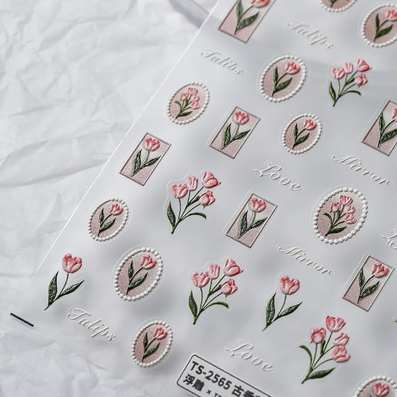 Flower Nail Stickers 5D Embossed Nail Art Stickers Decals Self-Adhesive Pink Tul
