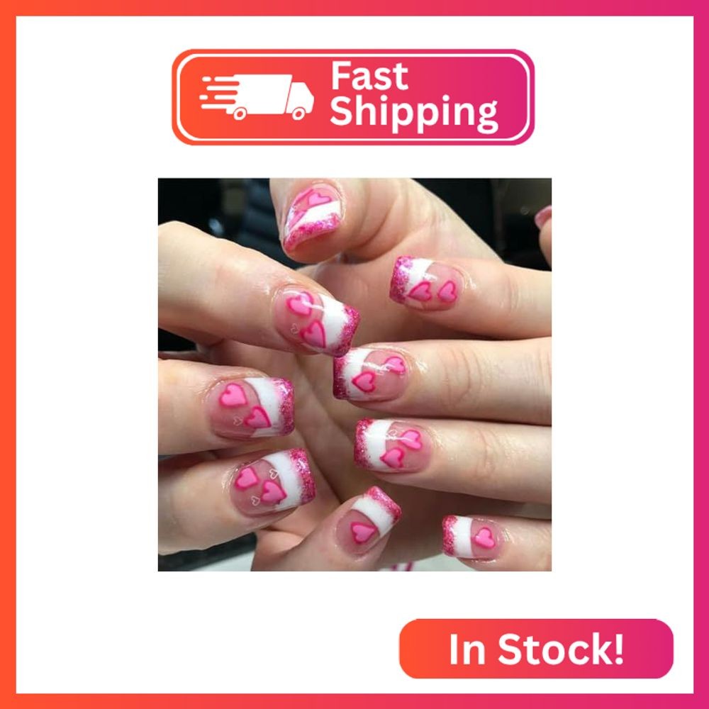 NEWSPIED Valentines Nails Press on Nails Short Square Heart Fake Nails with Desi