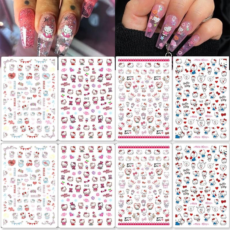 8 Sheets Cute Nail Art Stickers Decals 3D Cartoon Adhesive Nail Decals Design…