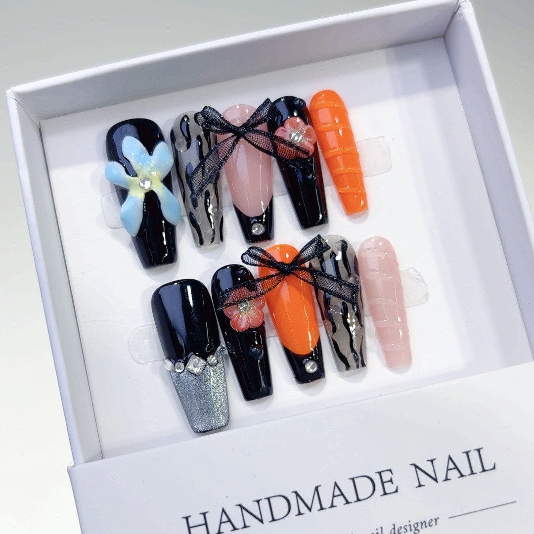 10Pcs Bow Rhinestone 3D Carved Long Coffin Press On Nails Dating Nail Tips