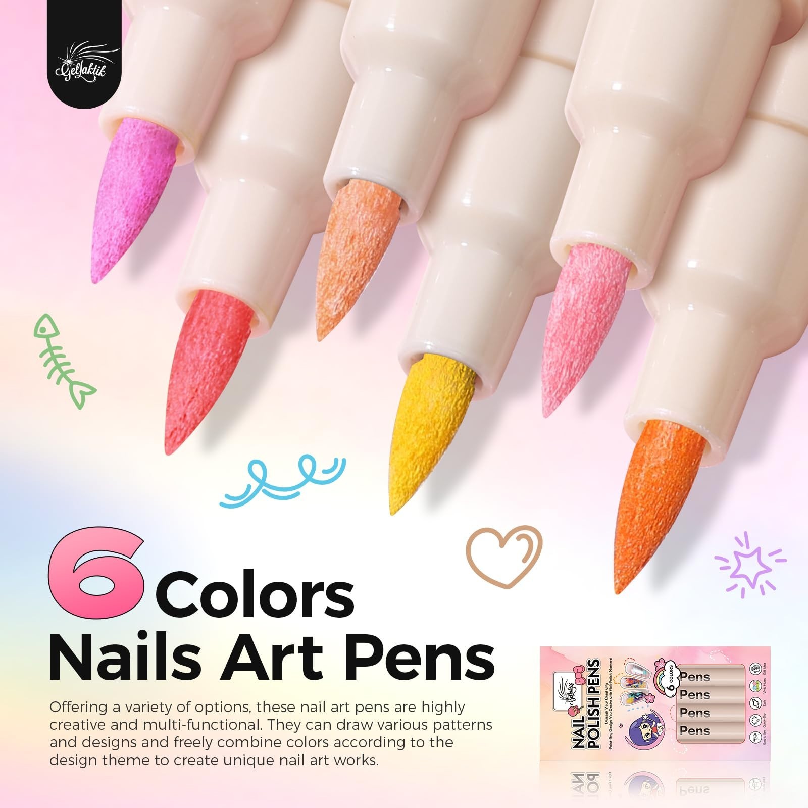 6 Colors Nail Art Pens Set, 3D Nail Polish Pens Quick-Drying Acrylic Paint Marke
