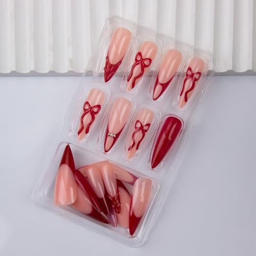 Red French Tip Press on Nails Medium Almond Fake Nails Wine Red Bow Style 7
