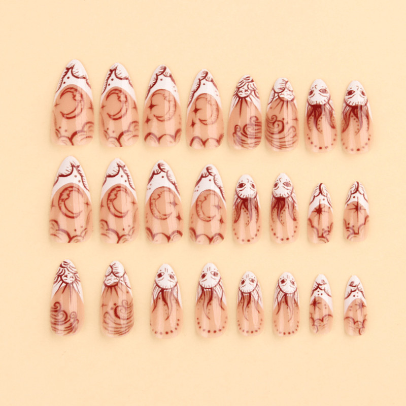 48 Pcs Sun Moon Totem Almond Press on Nails, Gothic Trendy Nude Fake Nails