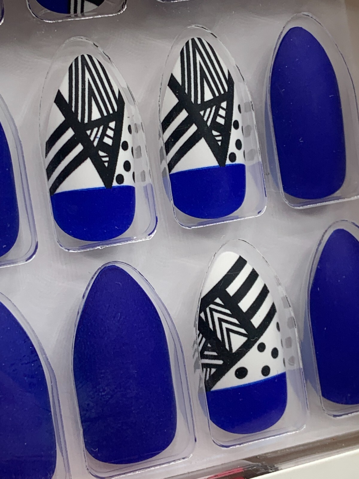 GoldFinger Glue-On Long Gel Nails Matte Royal Blue & Abstract Deco Design GF78