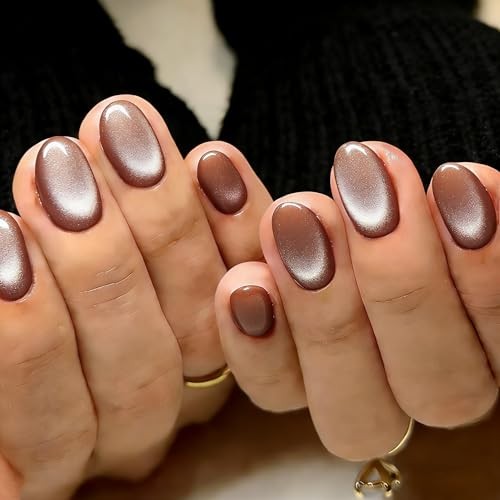 Cat Eye Light Brown Press on Nails Short Oval, Fake Nails with a Chrome brown