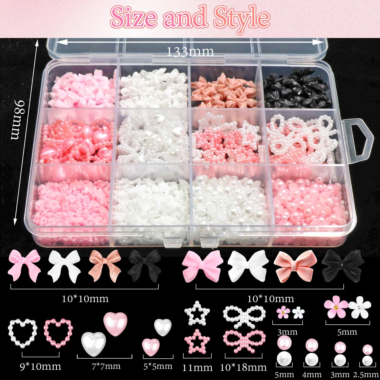 3D Bow Nail Charms 600PCS Nail Flowers Pink&White Flatback Pearls Beads Star Hea