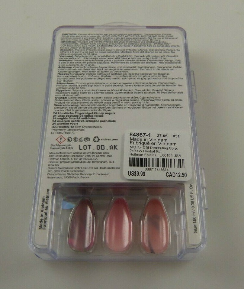 Claire’s faux nails summer palm trees pink black blue glue elegant fun