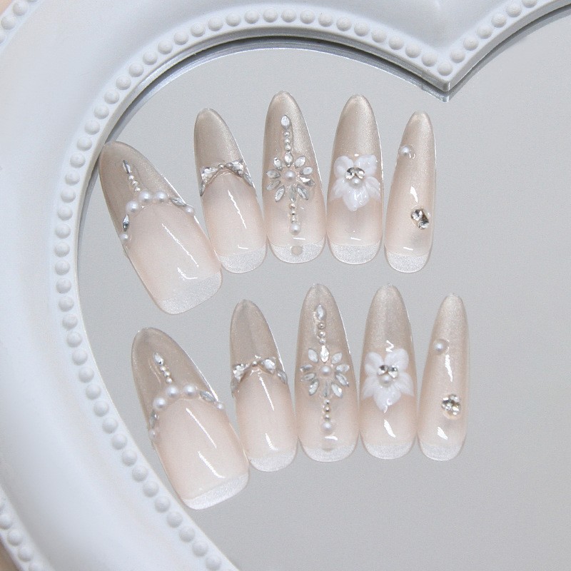 30pcs Cat Eye Press On Nails Long Almond False Nails 3D Crystal Flower