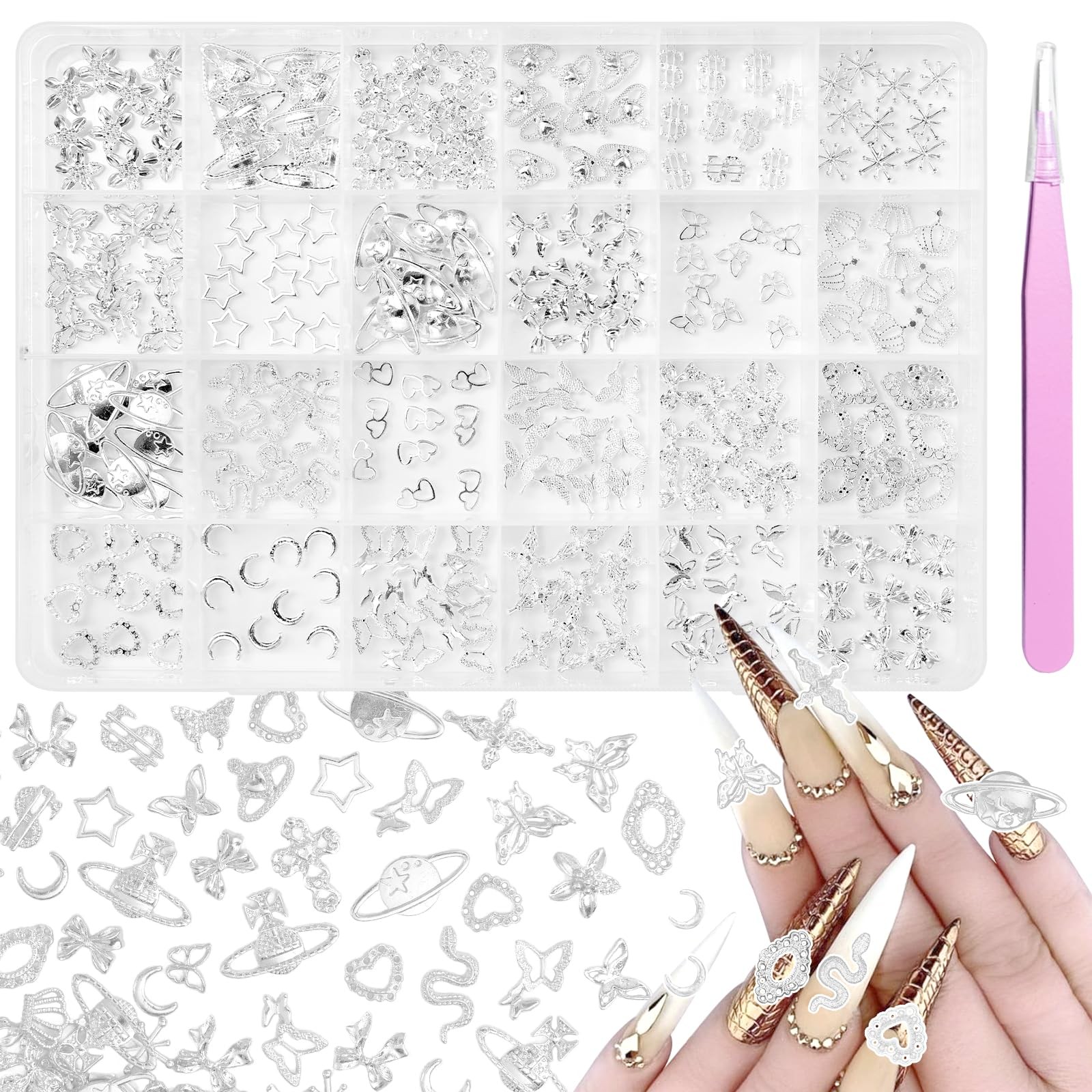 240 Pcs 3D Silver Nail Charms, Alloy Cross Star Crown Bows Nail Silver Charms…