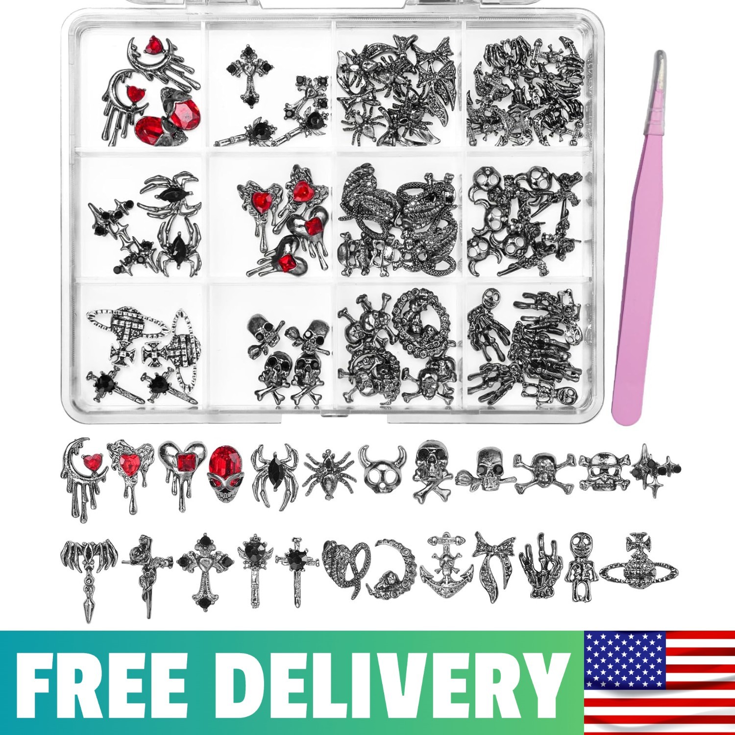 84 Pcs 3D Black Halloween Nail Charms And Gems, Gothic Nail Charms | Black