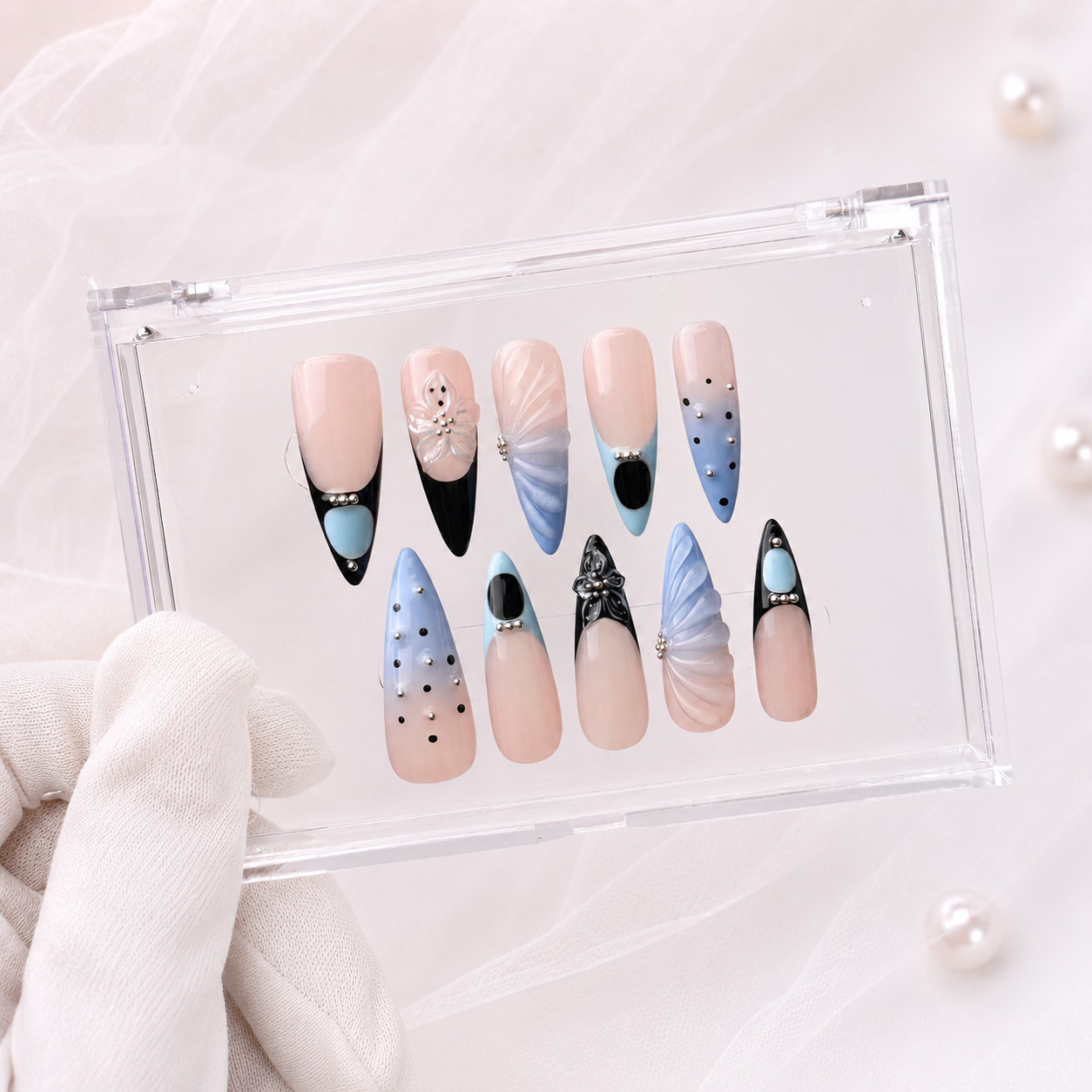 Long Stiletto Press On Nails Blue Black French Tip Butterfly Rhinestone Nail Set
