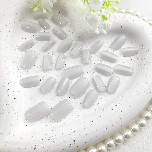 White Press on Nails Short Square Fake Nails with Glitter Cat Eye Designs Glossy